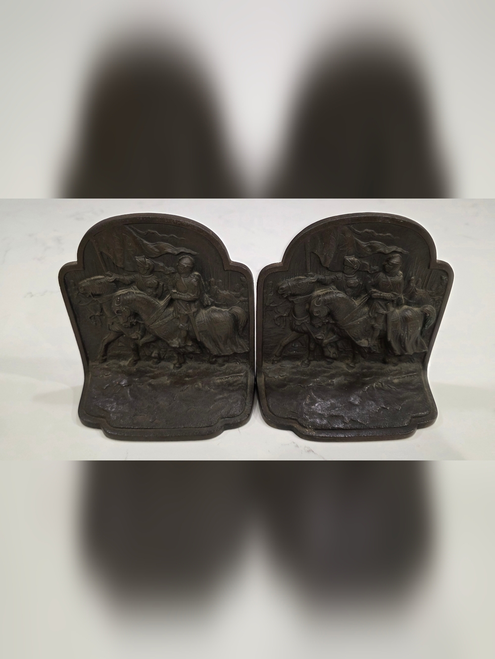 Antique Hubley Cast Iron Bookends-  Scene of Crusader Knights On Horseback